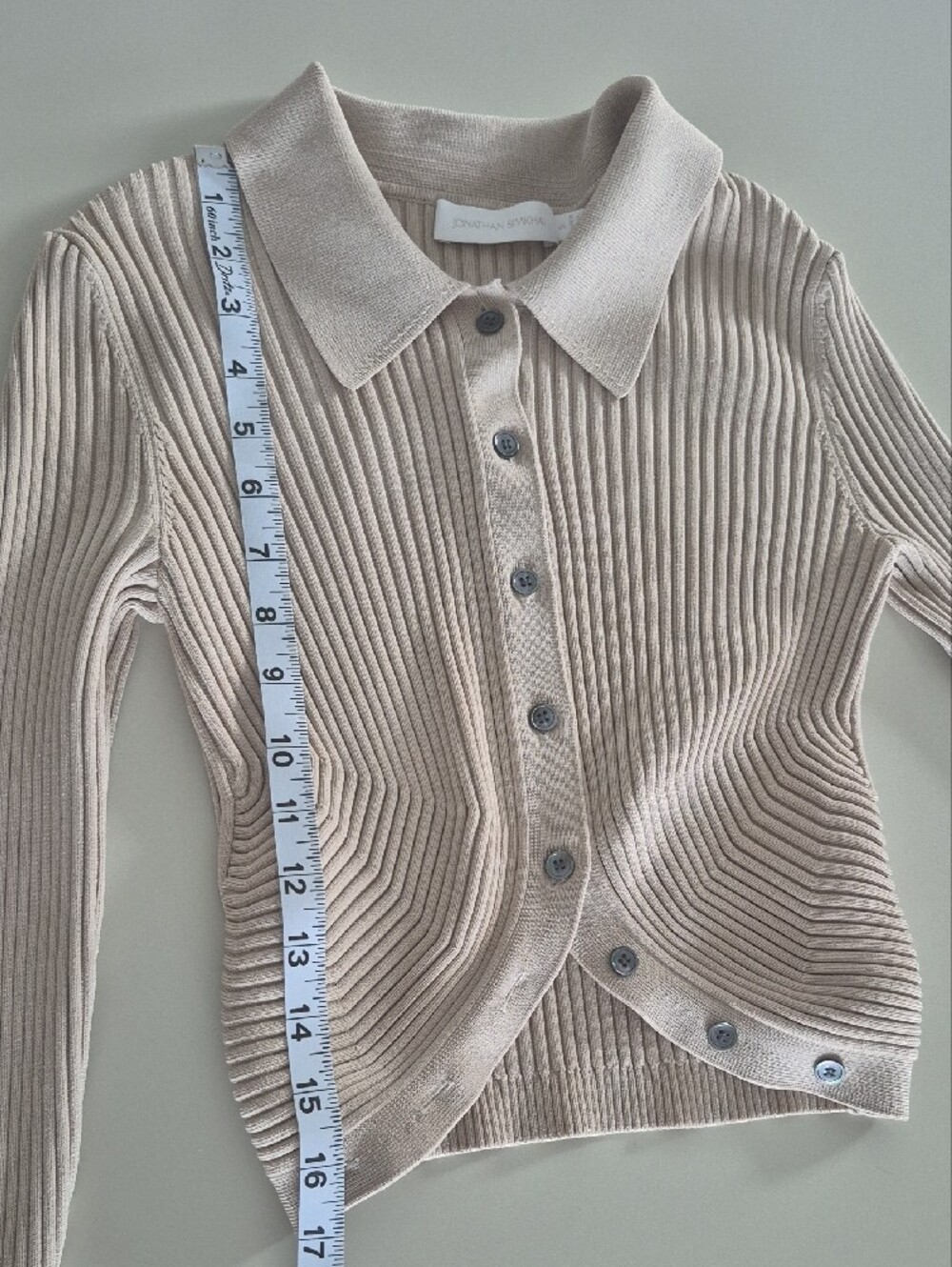 Simkhai Ribbed Collared Button-Front Beige Crop Sweater, Small - Picture 13 of 16